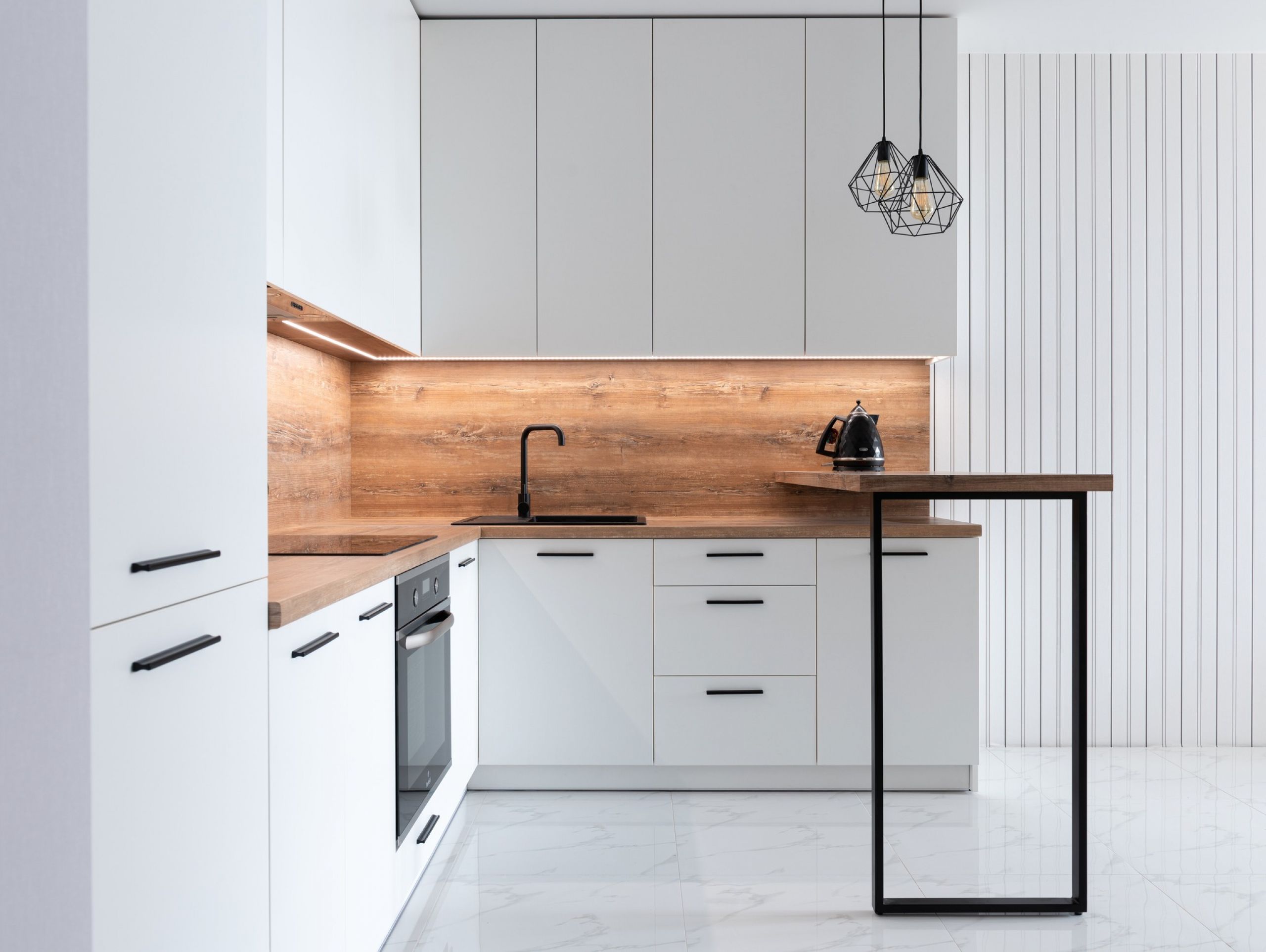 Modern White and Bamboo Kitchen with Island