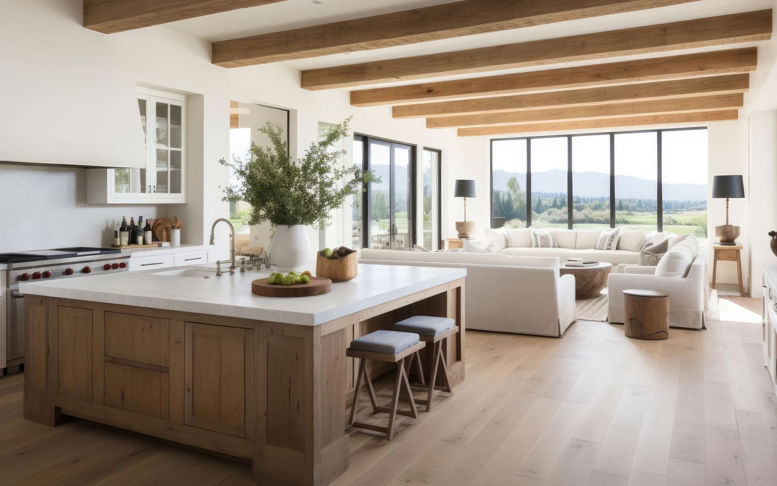 Luxury Rustic modern farmhouse style living space with open floor plan and large windows