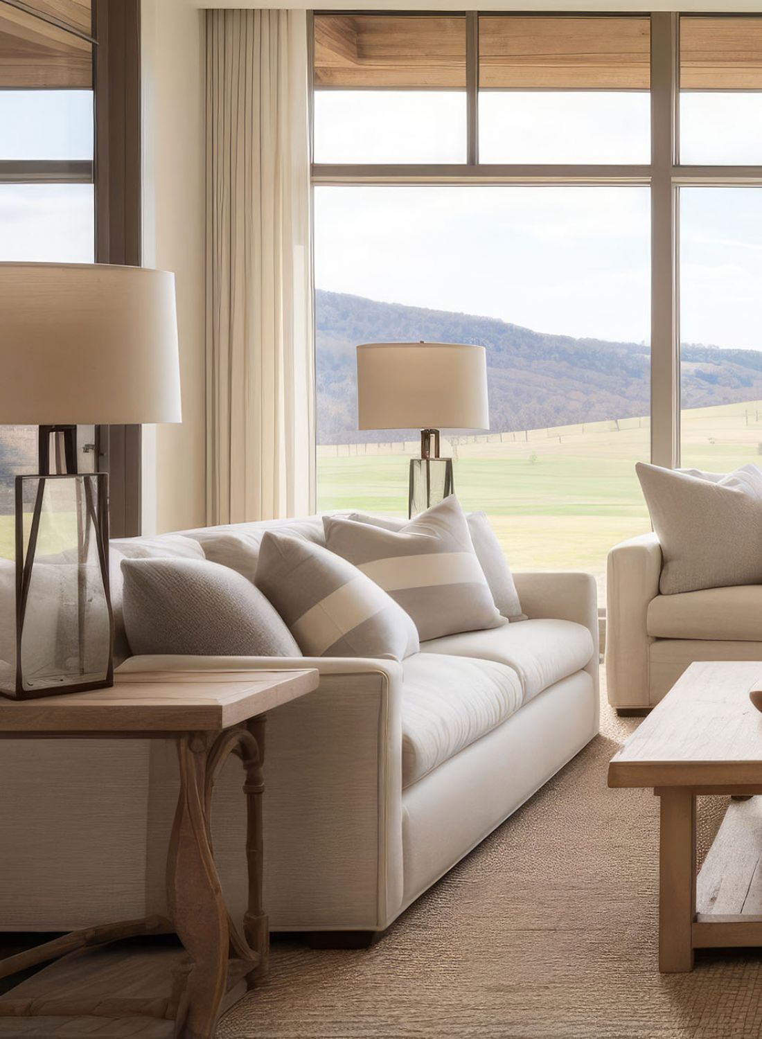 Couch and coffee table with large windows and mountain views