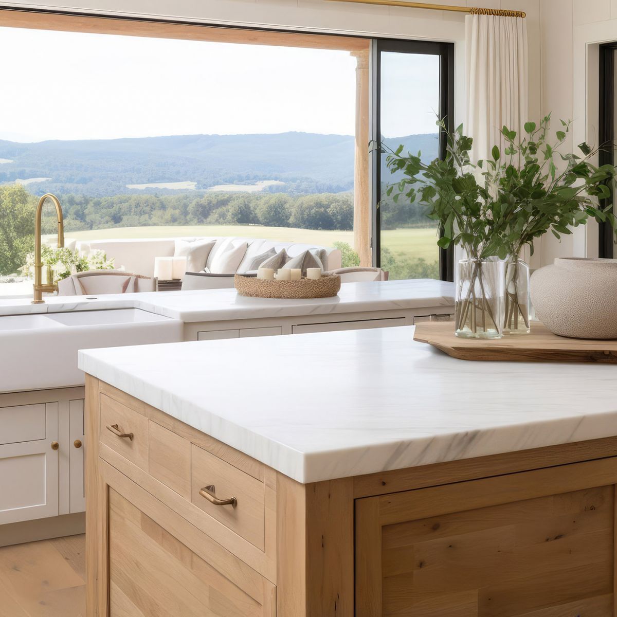 Modern kitchen with white marble countertops and wood cabinets with large mountain view