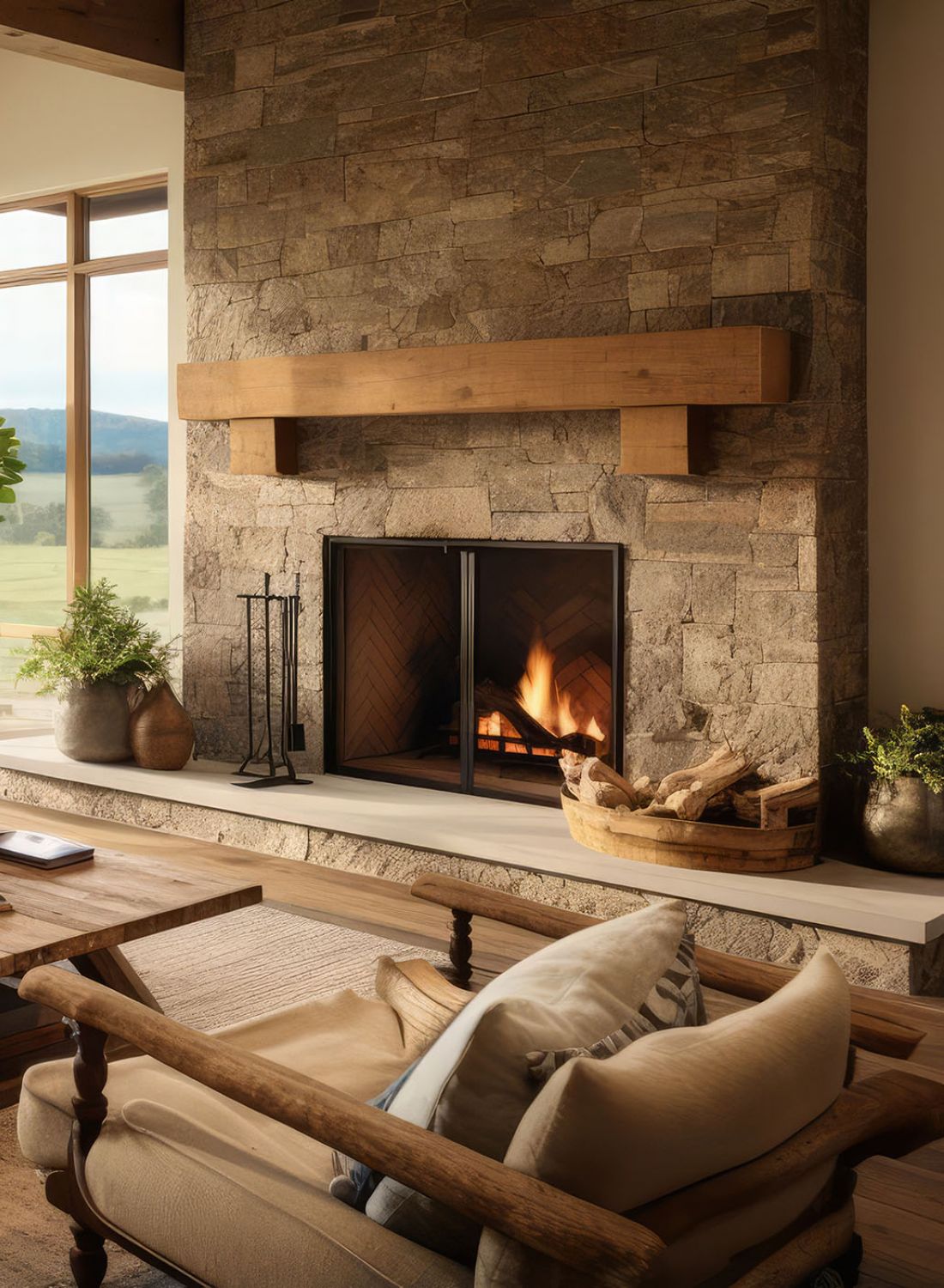 Cozy rustic modern living room with fireplace, high ceilings, and large windows looking out onto mountain landscape