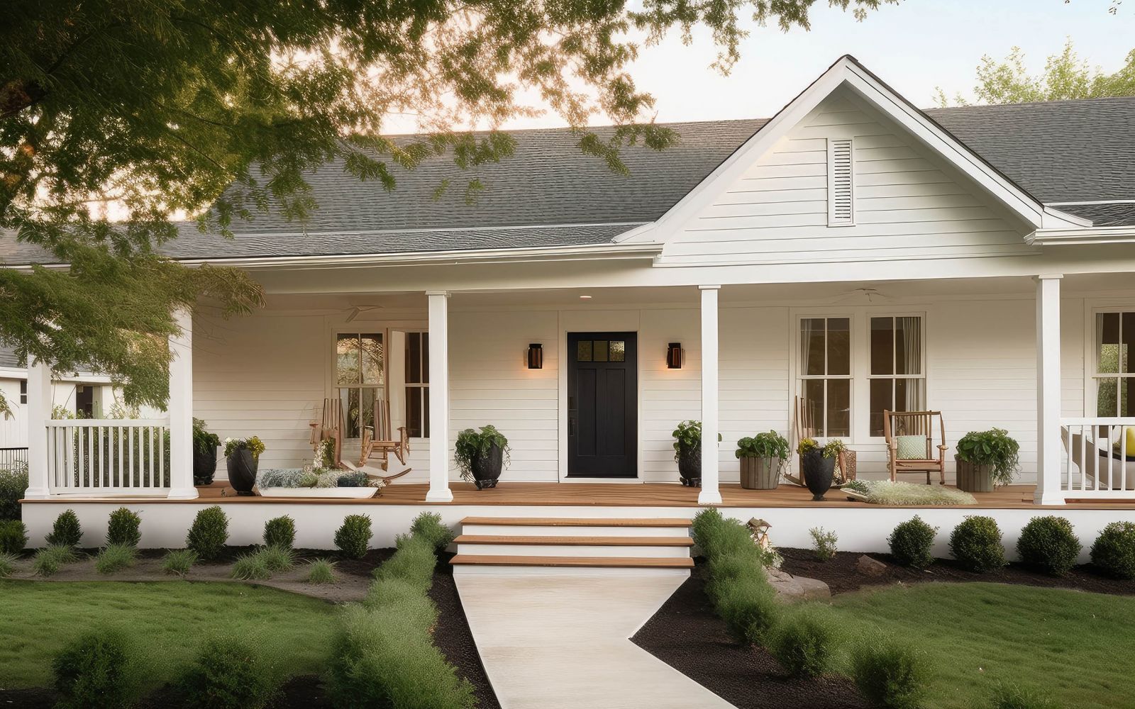 Ranch house exterior with a large front porch and modern landscape