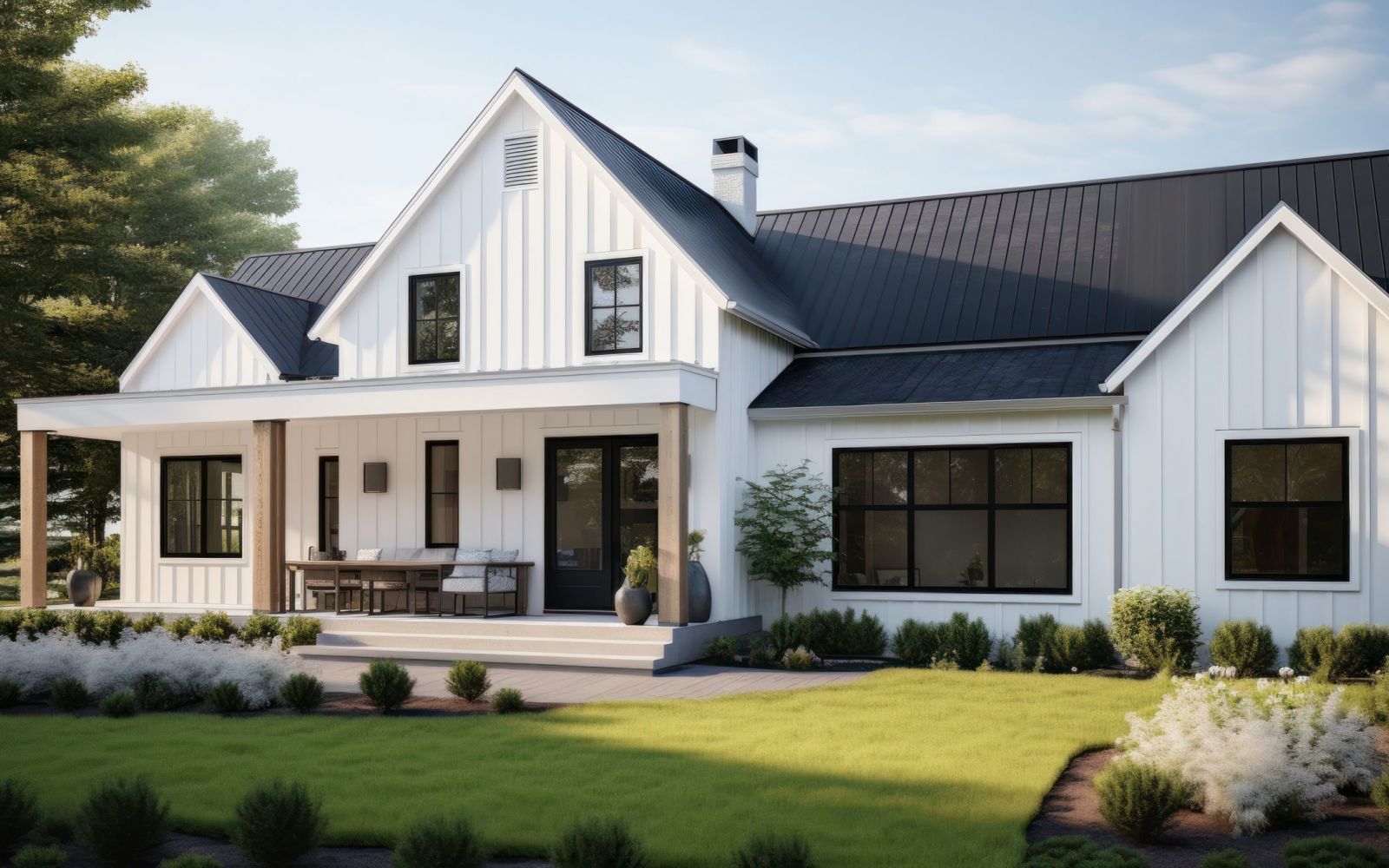 Ranch house exterior with a large front porch and modern landscape