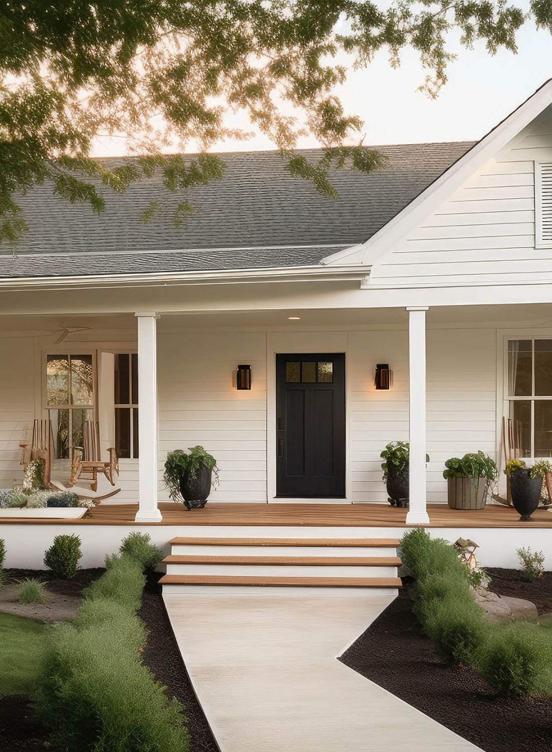 Front of farmhouse modern house with white paint and black trim and a front porch