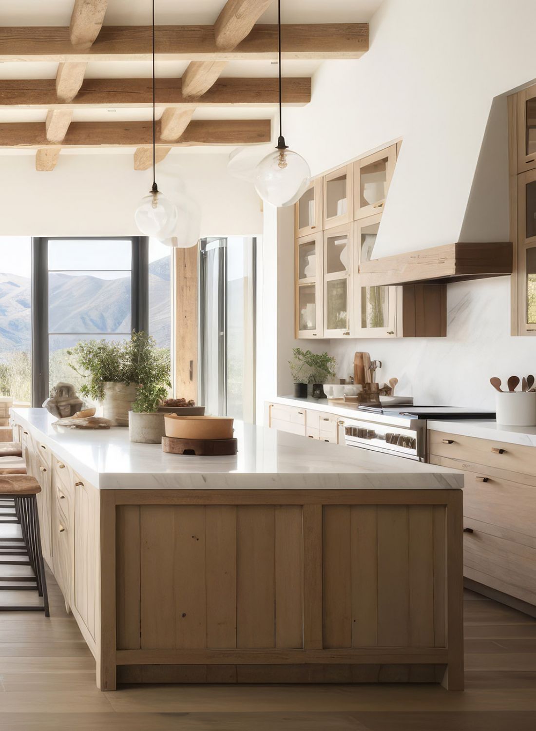 Luxury rural modern farmhouse open floor plan with wooden ceiling and floors