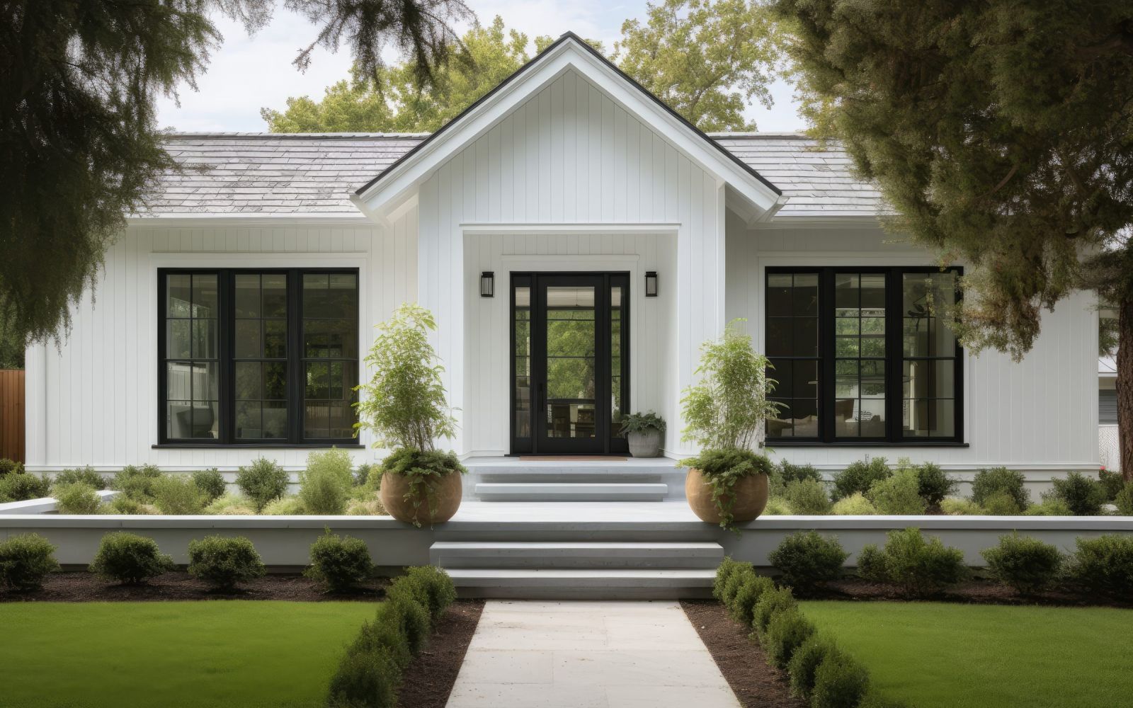 Ranch house exterior with a large front porch and modern landscape