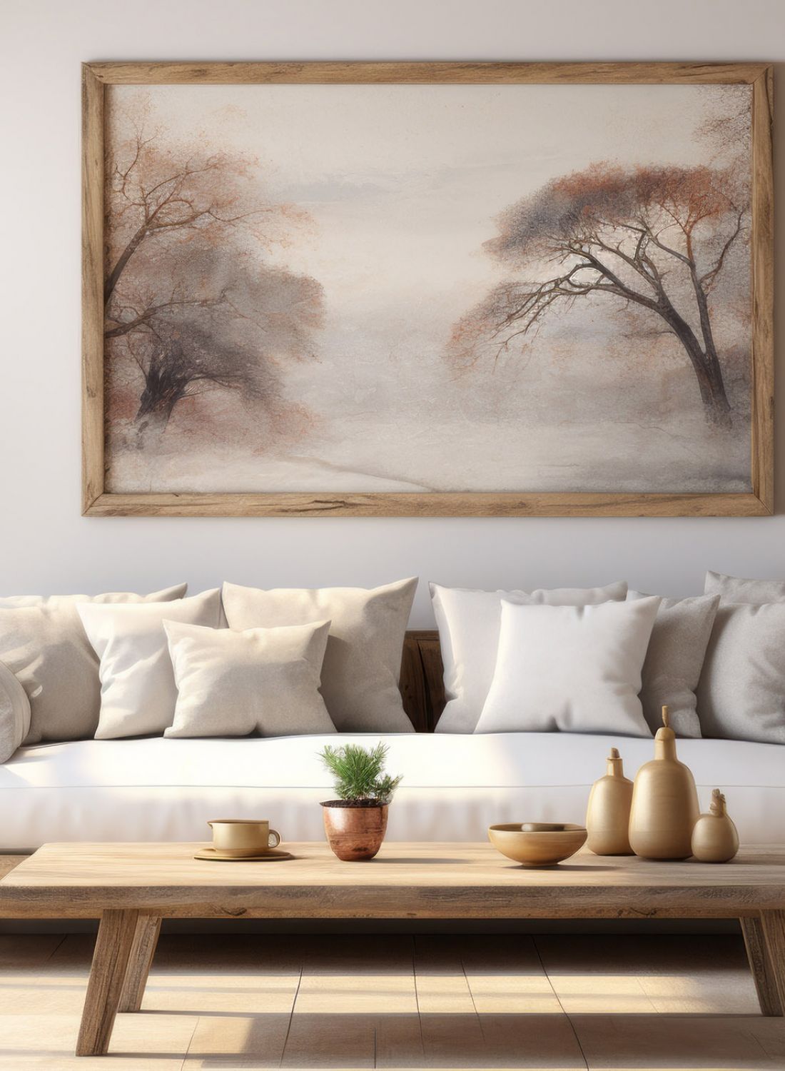 Couch with coffee table in neutral tones with painting of fall trees