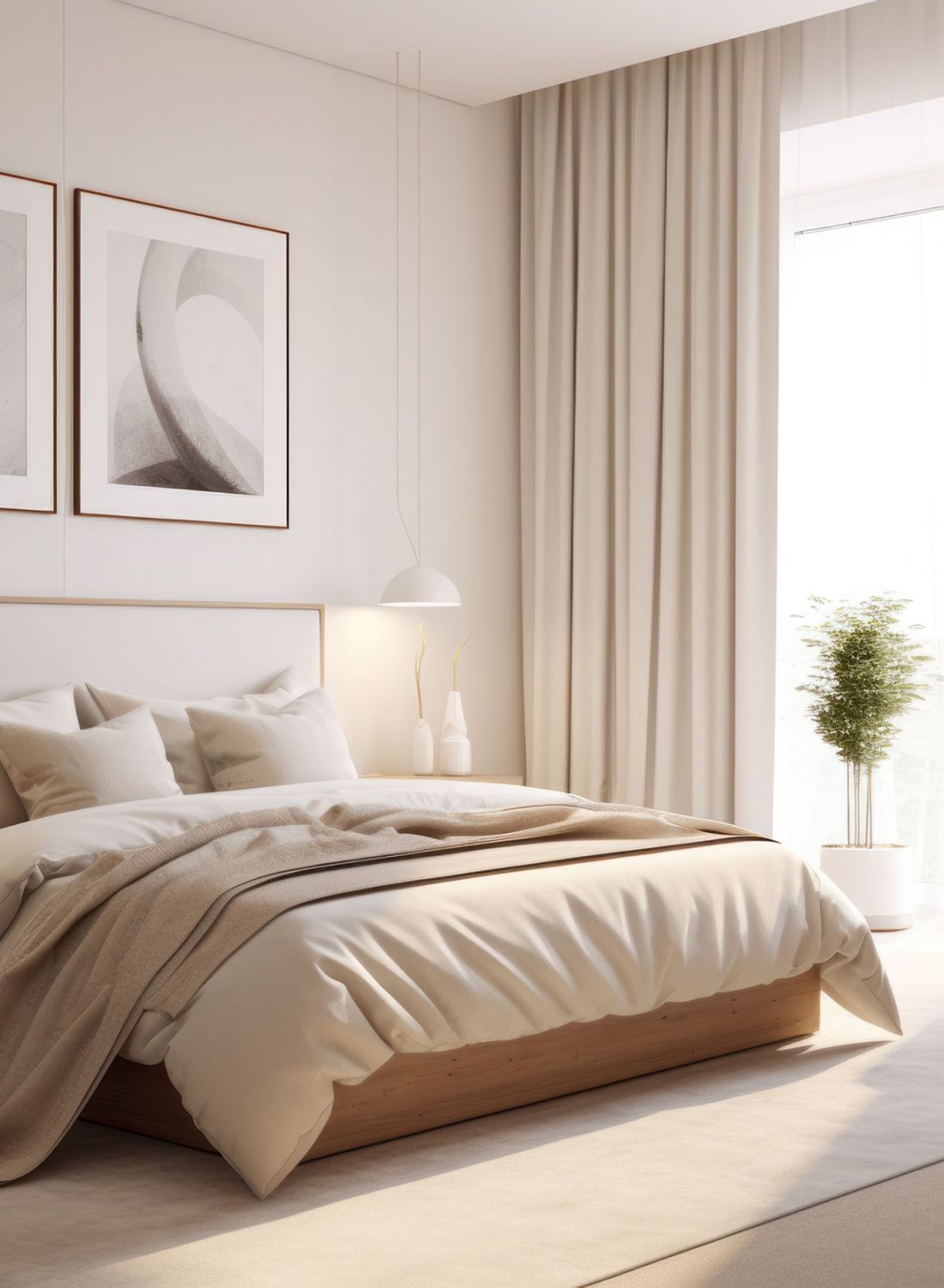 Cream monotone modern bedroom with large windows and soft light