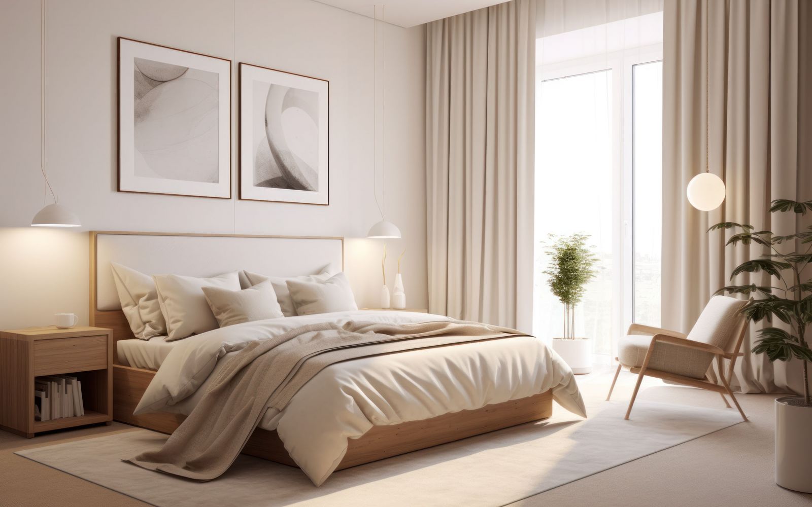 Cream monotone modern bedroom with large windows and soft light