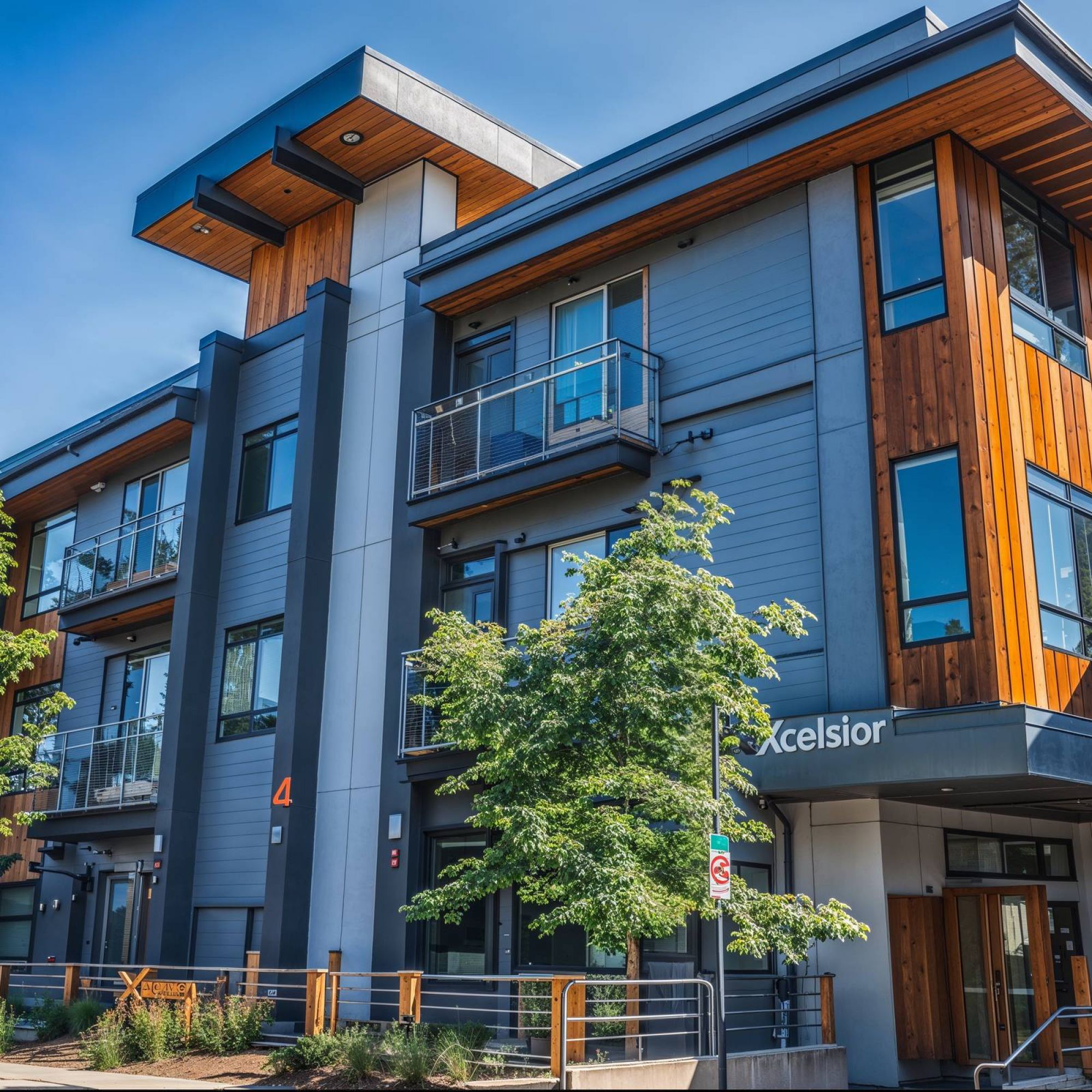 Xcelsior apartment building facade featuring a mix of gray and warm wood finishes, large windows, and prominent balconies under a clear blue sky.