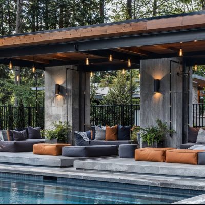 Xcelsior apartment theme outdoor poolside lounge with elegant sofas, throw pillows, ambient lighting, and modern landscaping.