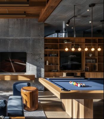 Xcelsior apartment theme game room with blue furnishings next to a pool table