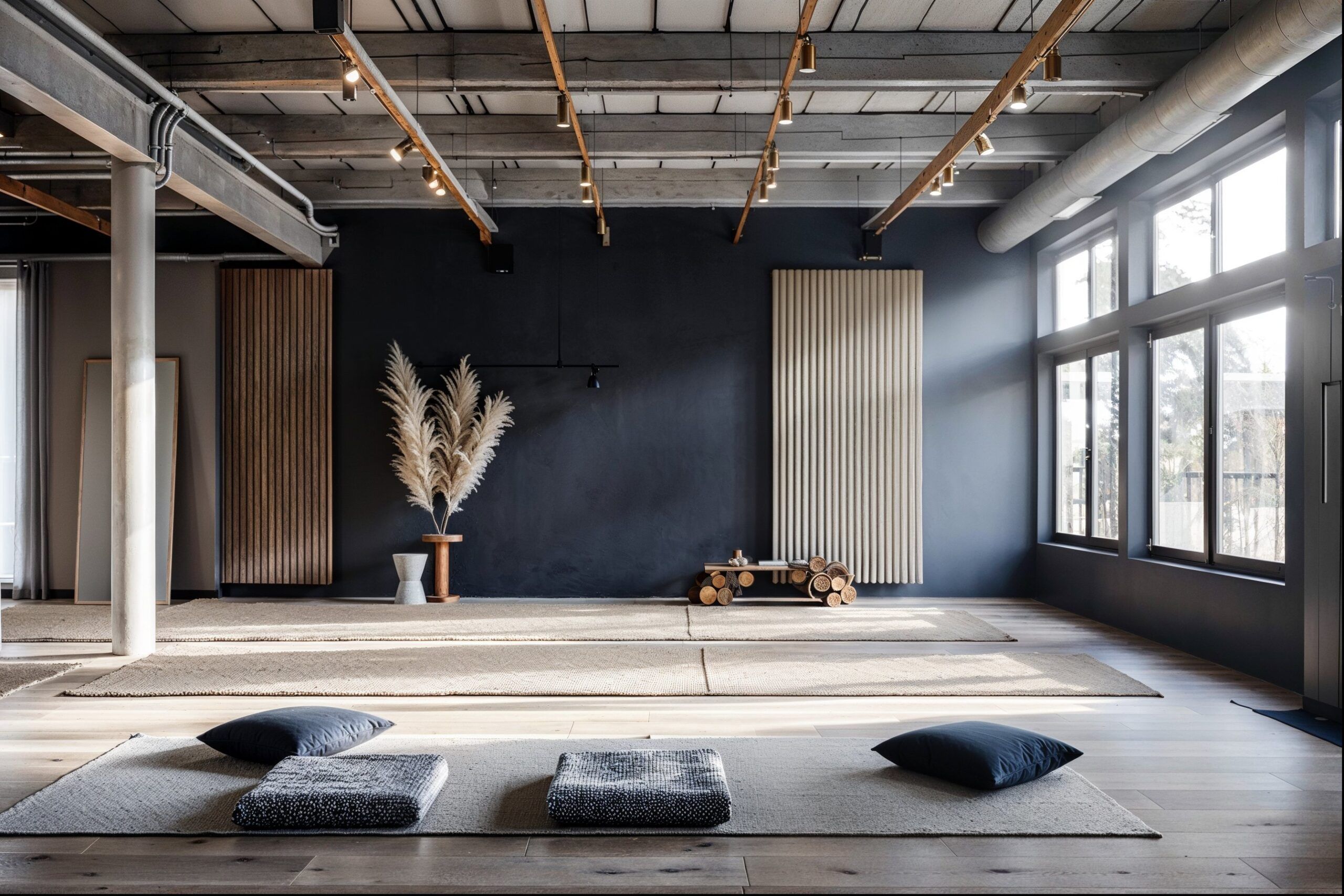 Xcelsior apartment theme elegant yoga studio with blue accent wall and yoga mats on the wood floor