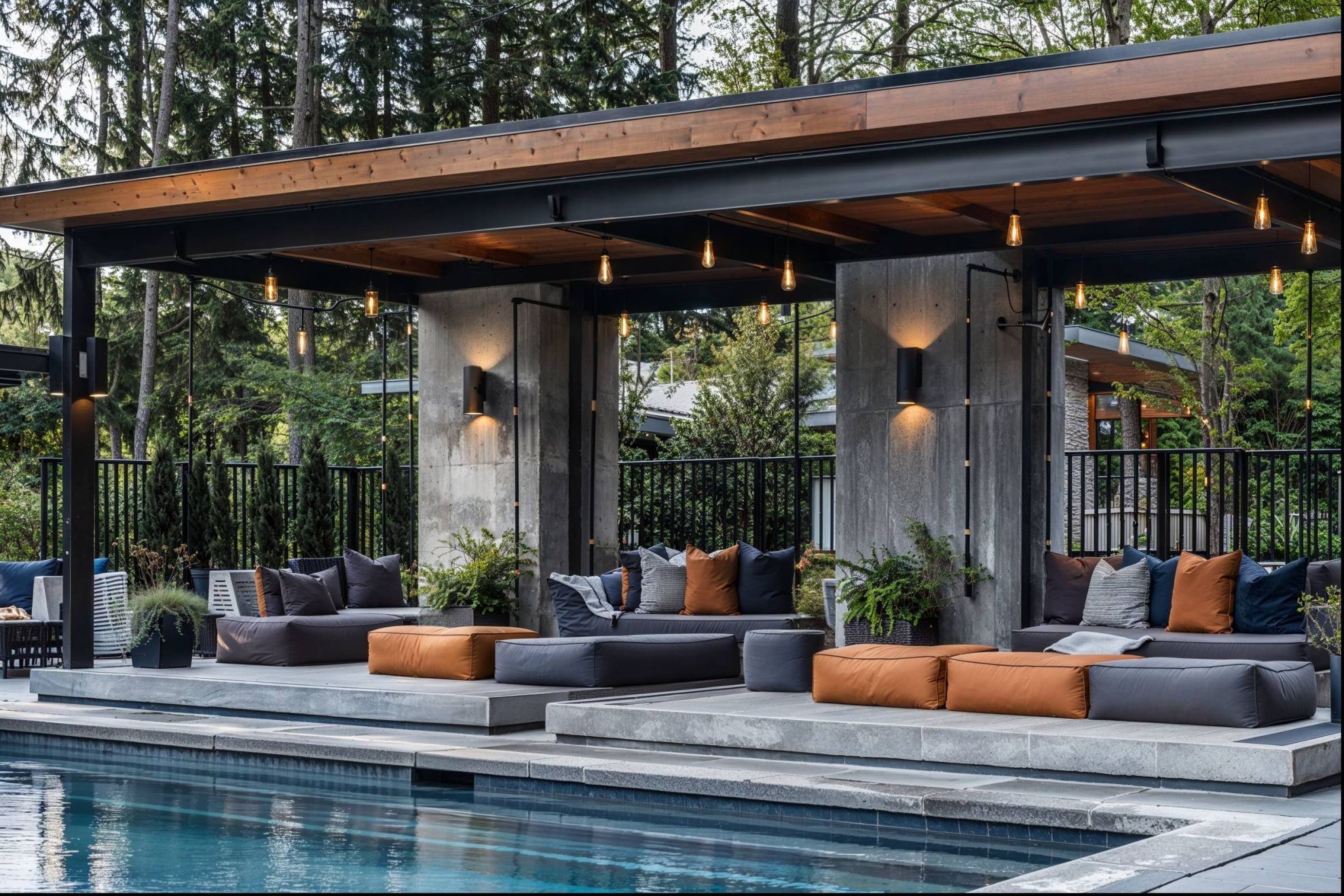 Xcelsior apartment theme outdoor poolside lounge with elegant sofas, throw pillows, ambient lighting, and modern landscaping.