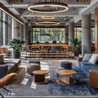 Xcelsior apartment theme study hall with couches and tables with seating areas in the back