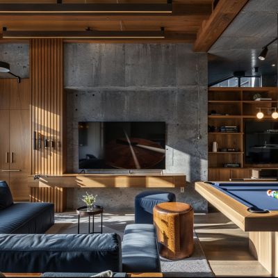 Xcelsior apartment theme game room with blue furnishings next to a pool table