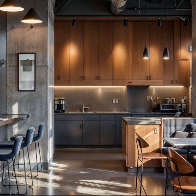 Xcelsior apartment theme cafe study area with wood accents and tables