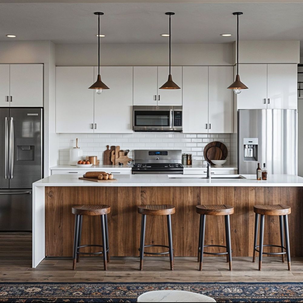 Xcelsior apartment theme modern kitchen with white cabinetry, pendant lighting, bar stools at the island, and stainless steel appliances.