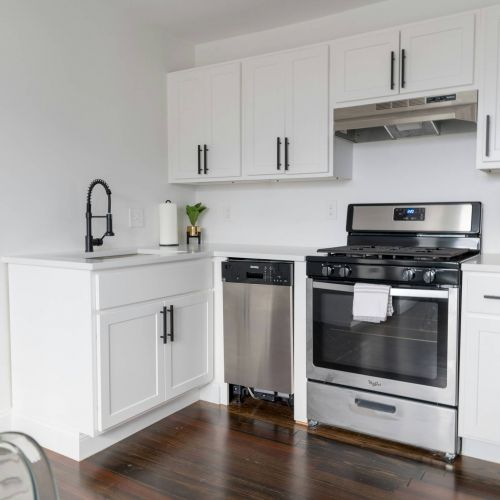 Xcelsior apartment theme kitchen with stainless steel appliance and white cabinets