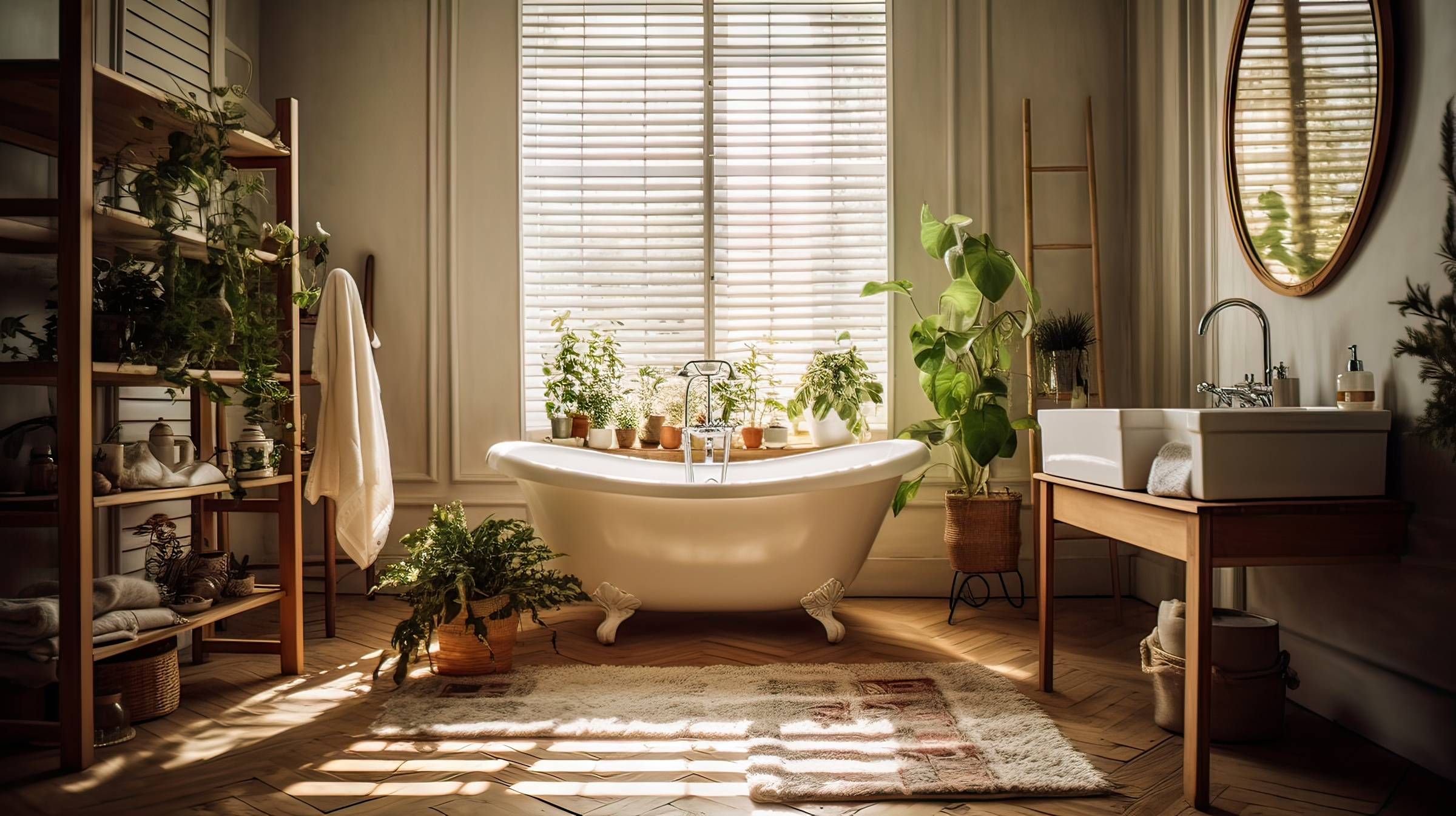 Yucatan by Resi - Luxury Apartment Website Theme - bathroom with elegant bathtub and large window with plants and natural light streaming in