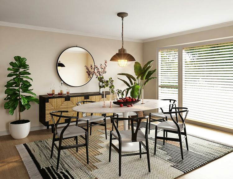 Yucatan by Resi - Luxury Apartment Website Theme - room with hanging plants and wood tables and chairs