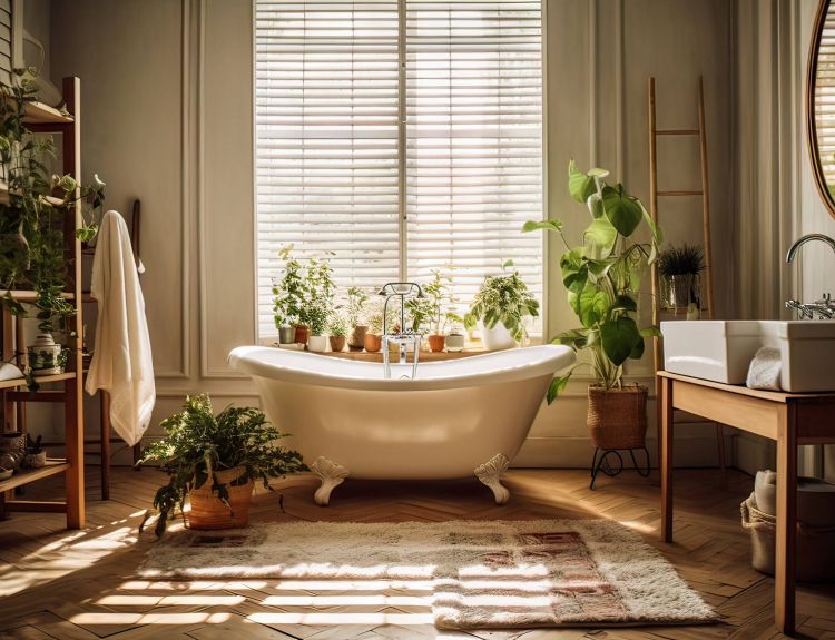 Yucatan by Resi - Luxury Apartment Website Theme - bathroom with elegant bathtub and large window with plants and natural light streaming in